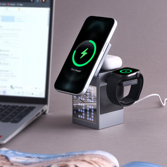 Pixel Dock - 5 in 1 Wireless Charger with Speaker and Clock